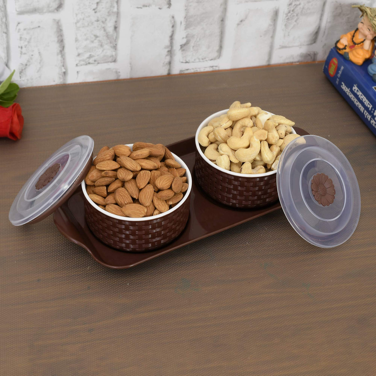 Kuber Industries Walnut Checkered Design Plastic Solitaire Serving Tray with 2 Multipurpose Snacks/Dry Fruit Air Tight Bowls with Lids (Set of 3, Brown)-KUBMART11089