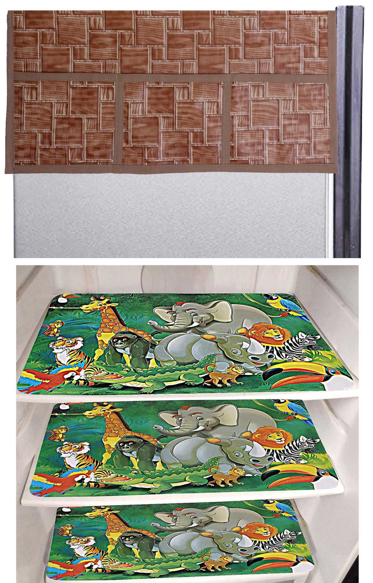 Kuber Industries Cartoon Design 3 Pieces PVC Fridge Mats and Wooden Checkered Design 1 Piece Fridge Top Cover (Brown) - CTKTC039792