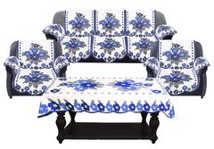 Kuber Industries Flower Design Cotton 5 Seater Sofa Cover with 6 Pieces Arms Cover and 1 Center Table Cover Use Both Side (Set of 17, White & Blue, Standard)