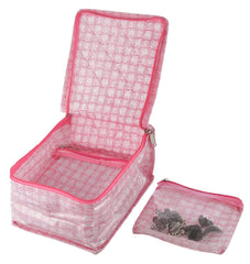 Kuber Industries Check Design Laminated PVC Jewelry Organiser Jewelry Storage Bags for Necklace, Earrings, Rings, Bracelet With 10 Transparent Pouches (Pink)-HS43KUBMART25836