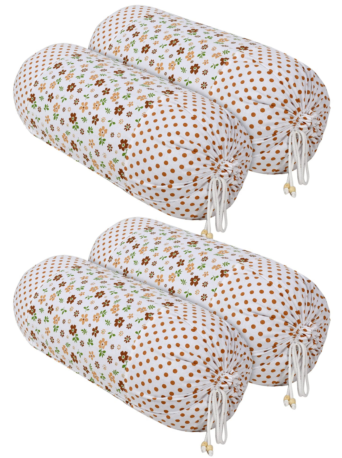 Heart Home Flower Printed Soft & Luxurious Decorative Cotton Bolster Cover- Set of 4, 16"x32" (Brown & White)-44HH0144