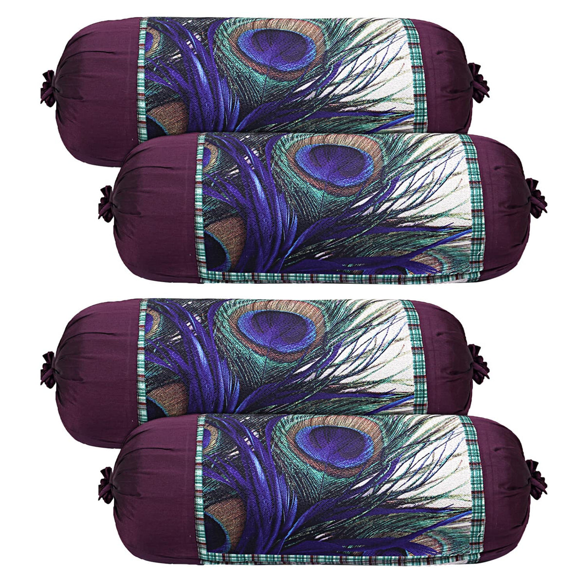 Kuber Industries Bolster Cover|Polyester Bolster Cover Set|Diwan Round Bolster Pillow Covers|Luxurious Peacock Feather Print Roll Masand Cover|Pack of 4 (Cream)