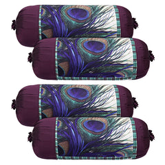 Kuber Industries Bolster Cover|Polyester Bolster Cover Set|Diwan Round Bolster Pillow Covers|Luxurious Peacock Feather Print Roll Masand Cover|Pack of 4 (Cream)