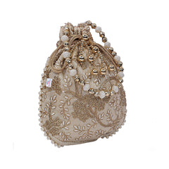 Heart Home Embroidery Drawstring Potli|Hand Purse With Gold Pearl Border & Handle For Woman,Girls Pack of 2 (Cream & Green)