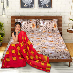 Kuber Industries Double Bedsheet|Glace Cotton Flower Print Bedsheet with 2 Pillow Covers for Living Room|Bedroom|90x108 Inch (Light Brown)