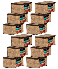 Heart Home Wooden Design Non-Woven Foldable Saree Cover/Clothes Storage Bag/Wardrobe Organizer With Transparent Window- Pack of 12 (Brown)-44HH0391