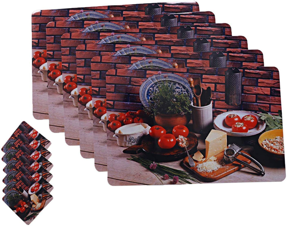 Kuber Industries Fruit Design PVC 6 Piece Dining Table Placemat Set with Tea Coasters - Multicolour