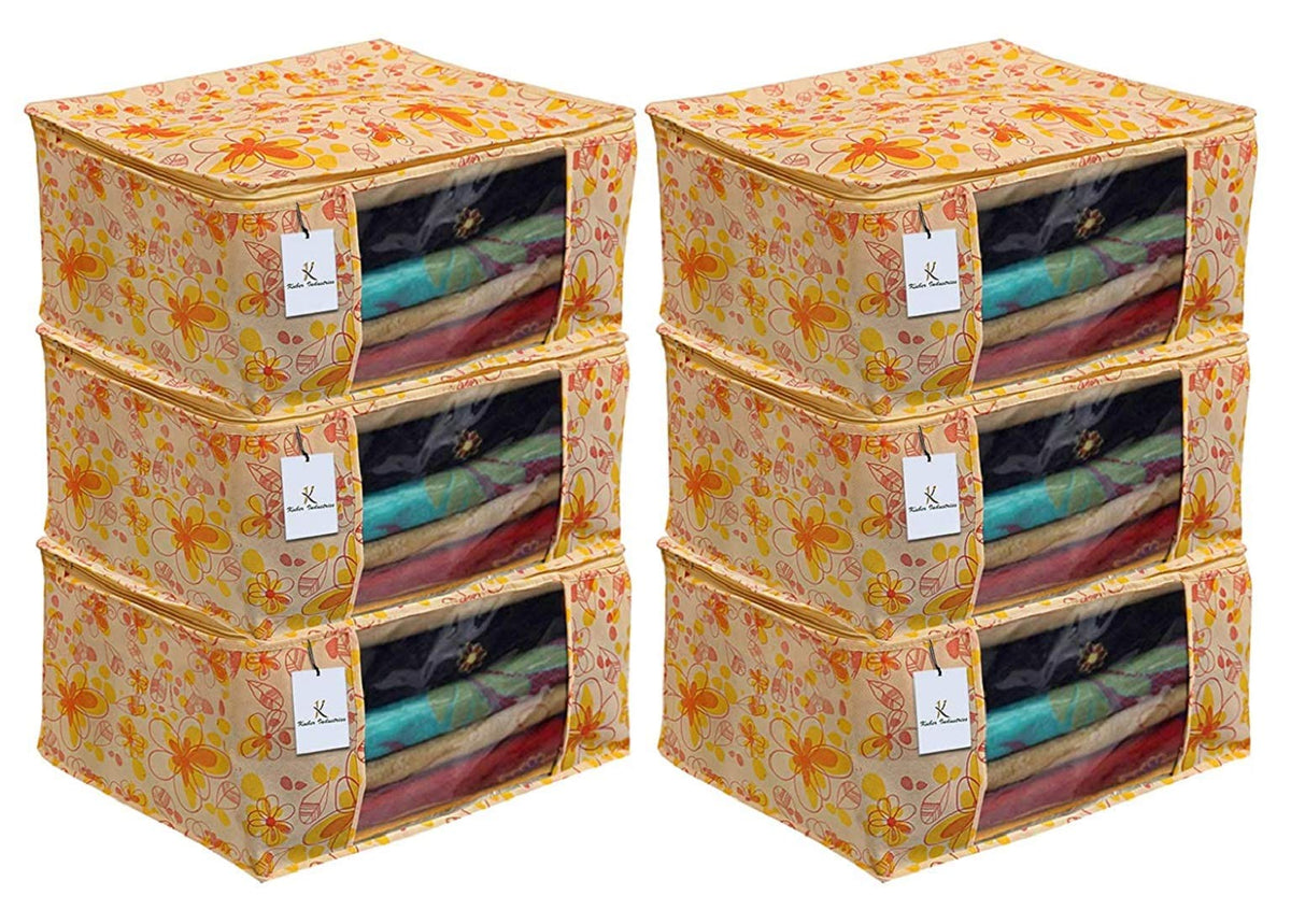 Heart Home Red Flower 6 Piece Non Woven Saree Cover, Large, Yellow- CTHH21141