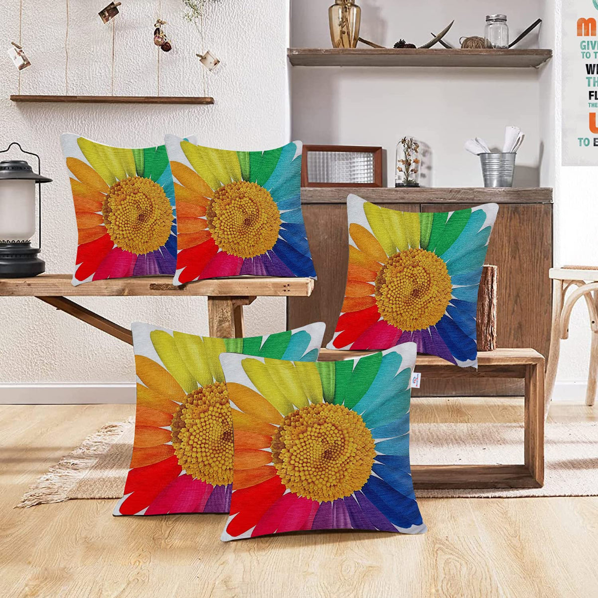 Heart Home Cushion Cover|Sofa Cushion Covers|Sun Flower Print Sitting Cushion Cover|Polyester Cushion Filler|16x16 Inch|Set of 5 (White)