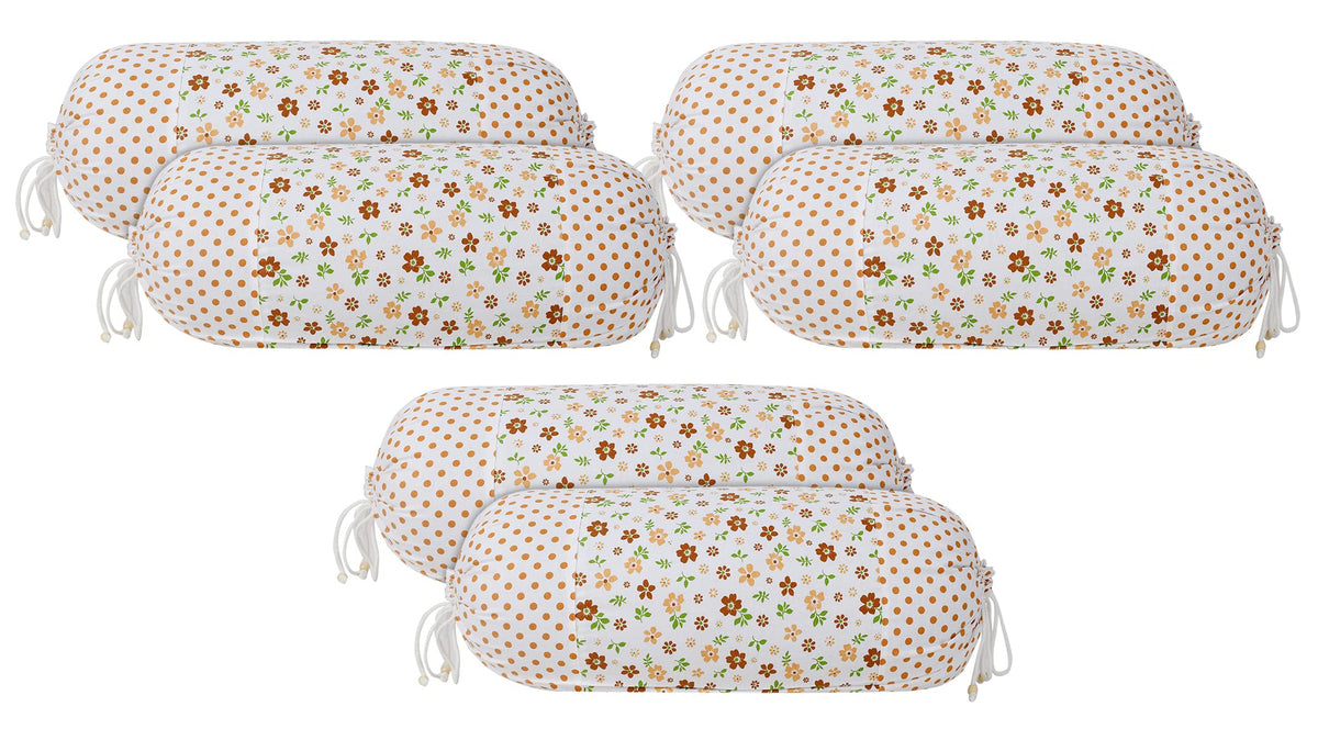Heart Home Flower Printed Cotton Bolster Cover- Set of 6, 16"x32" (Brown & White)-44HH0145