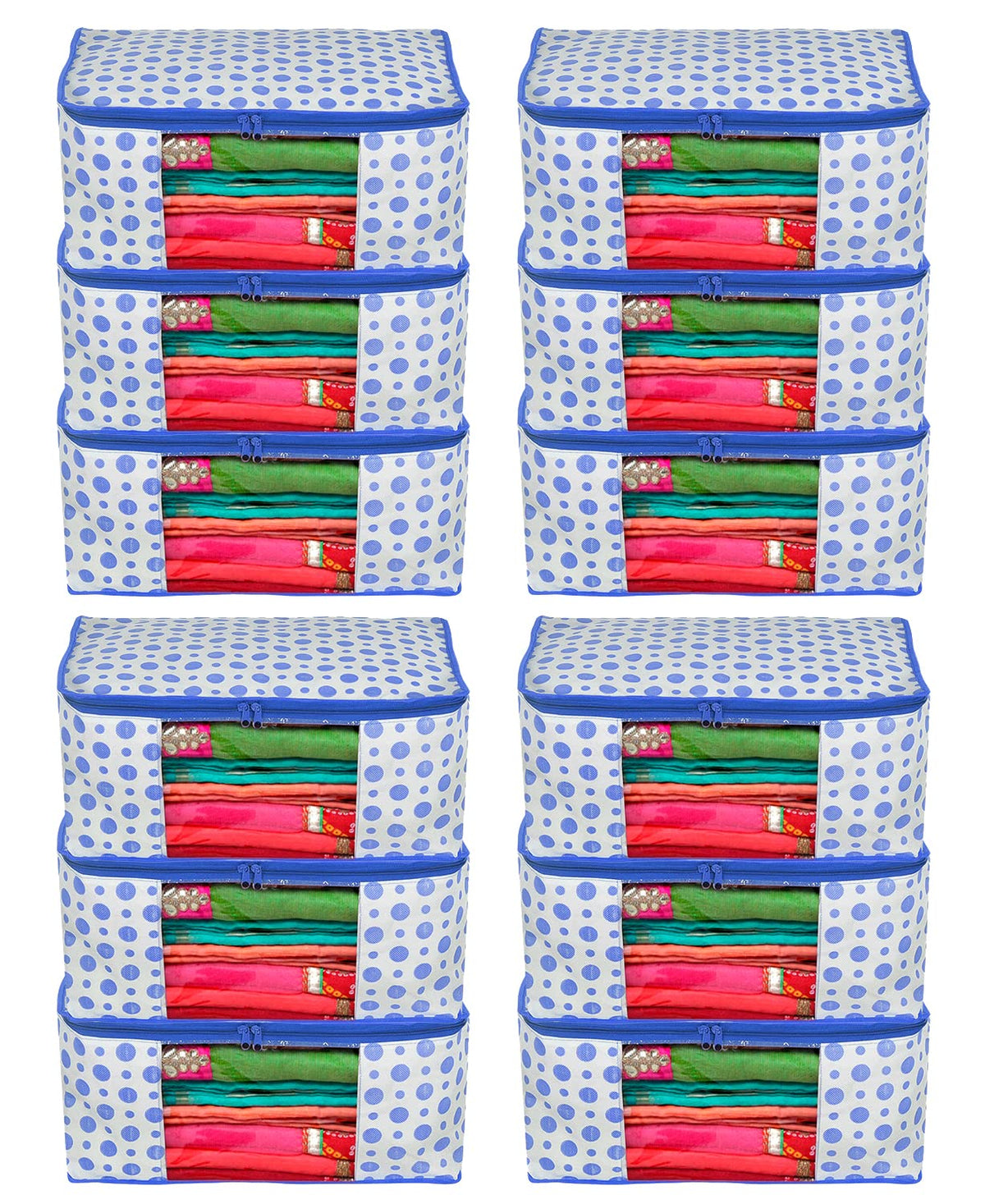 Kuber Industries Dot Printed Non-Woven Saree Cover, Cloth Organizer, Wardrobe Organiser With Tranasparent Window- Pack of 12 (Blue)-46KM0504