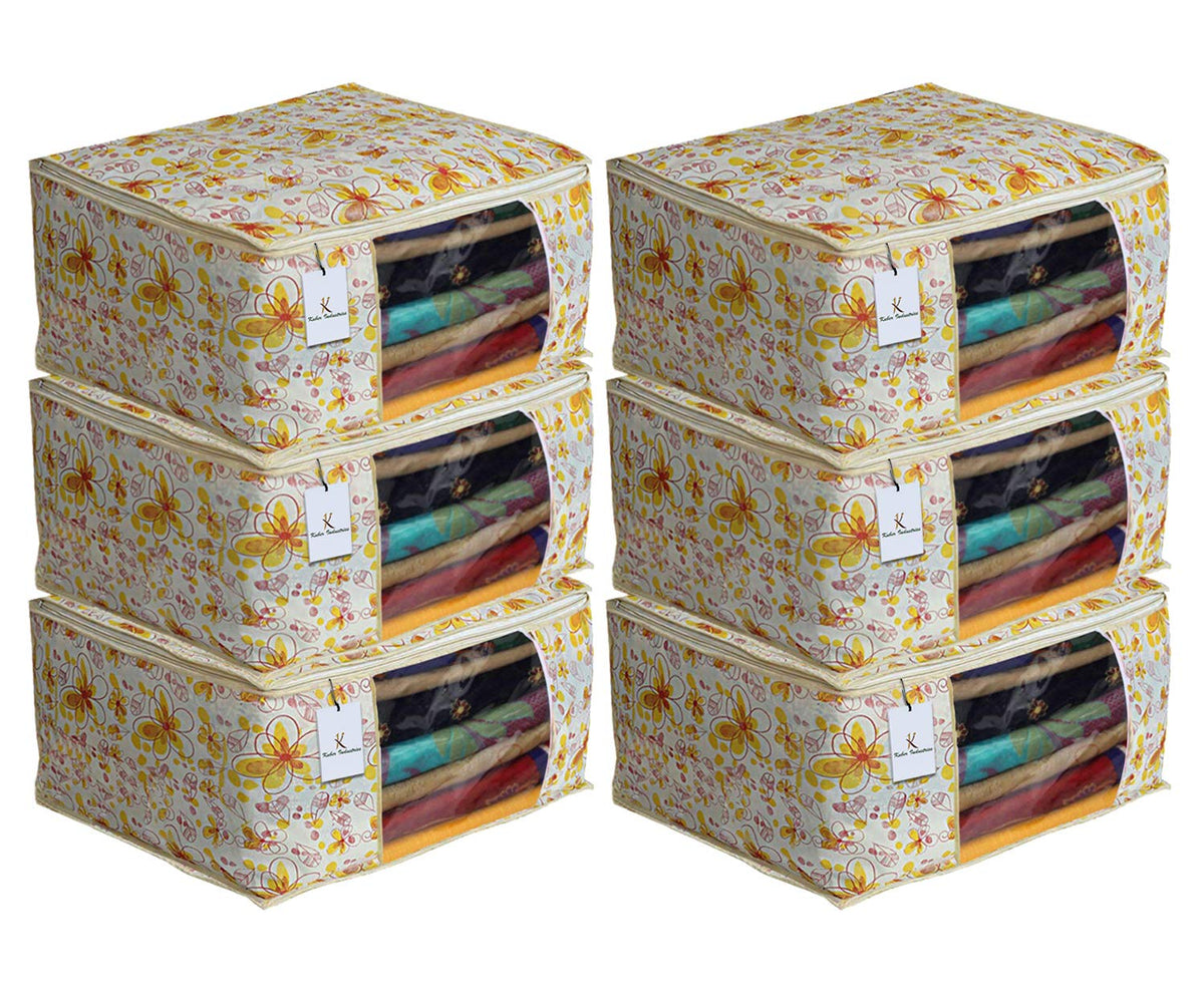 Kuber Industries Flower Design 6 Piece Non Woven Saree Cover Set, Ivory