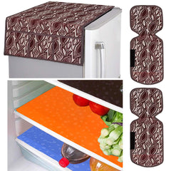 Kuber Industries Leaf Design Combo PVC 3 Pieces Fridge Mats, 2 Piece Handle Cover and 1 Piece Fridge Top Cover(Maroon)
