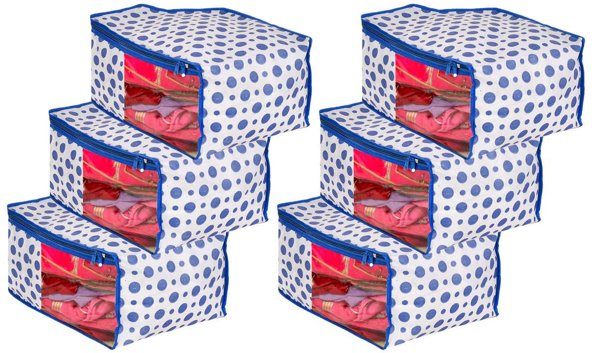 Kuber Industries Dot Printed Foldable, Lightweight Non-Woven Blouse Cover/Organizer With Tranasparent Window- Pack of 6 (Blue)-46KM0309