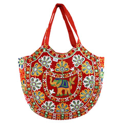 Heart Home Multiuses Velvet Floral Design Hand Bag/Tote Bag For Daily Trips, Travel, Office (Red) 52HH3990