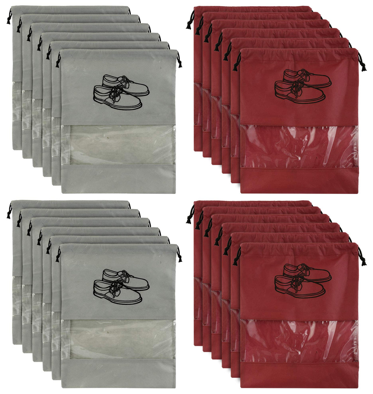 Kuber Industries 24 Piece Non Woven Travel Shoe Organizer Space Saving Fabric Storage Bags Organizer (Grey & Maroon)-KUBMART1012