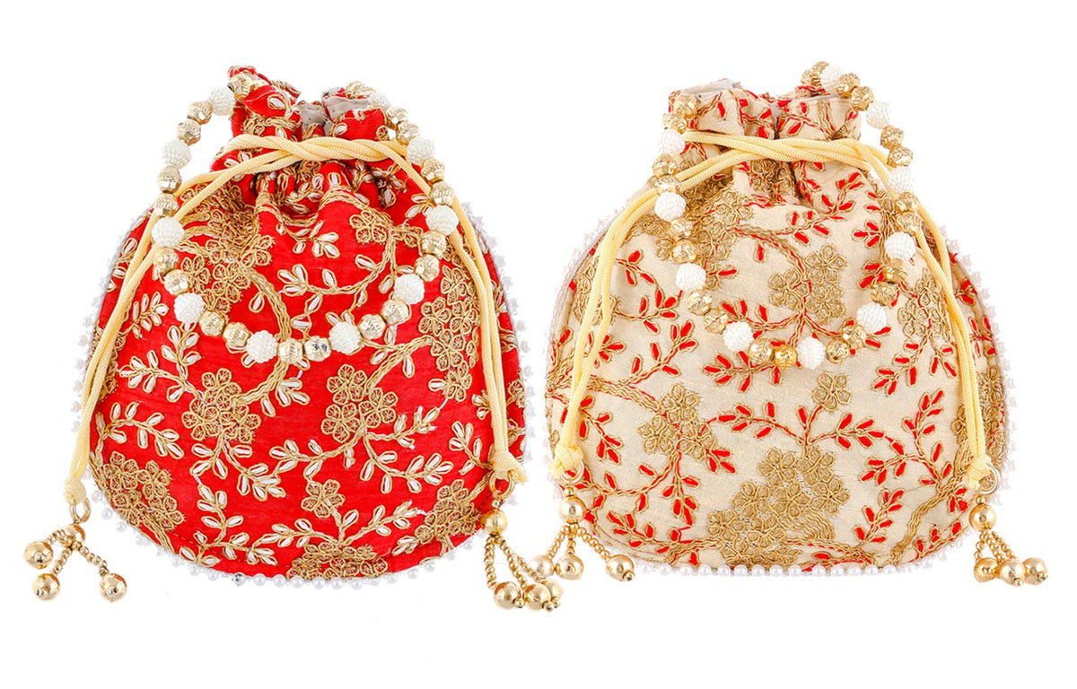 Kuber Industries Ethnic Clutch Silk 2 Pieces Potli Batwa Pouch Bag with Beadwork Gift for Women (Red & Cream) - CTKTC42147