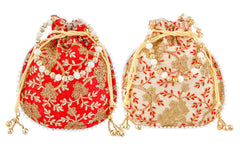 Kuber Industries Ethnic Clutch Silk 2 Pieces Potli Batwa Pouch Bag with Beadwork Gift for Women (Red & Cream) - CTKTC42147