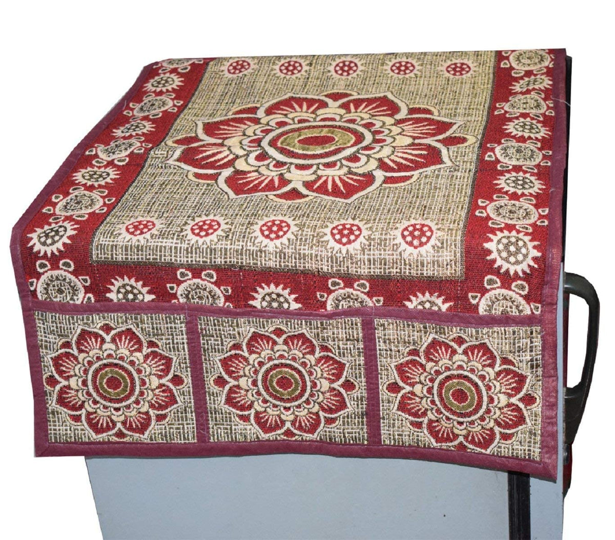Kuber Industries Flower Design Cotton Fridge Top Cover - Maroon (CTKTC03834)