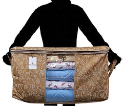 Kuber Industries Metalic Printed 2 Pieces Non Woven Fabric Underbed Storage Bag, Cloth Organiser, Blanket Cover with Transparent Window (Beige)-KUBMART2907