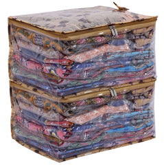 Kuber Industries Floral Print PVC Laminated Foldable Bow Saree Cover|Clothes|Wardrobe Organizer For Home & Travle With Transparent, Extra Large Pack of 2 (Gold)