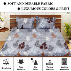 Kuber Industries Fitted Double Bedsheet|Glace Cotton Leaf Print Bedsheet with 2 Pillow Covers for Living Room|Bedroom|6x6 Feet (Gray)