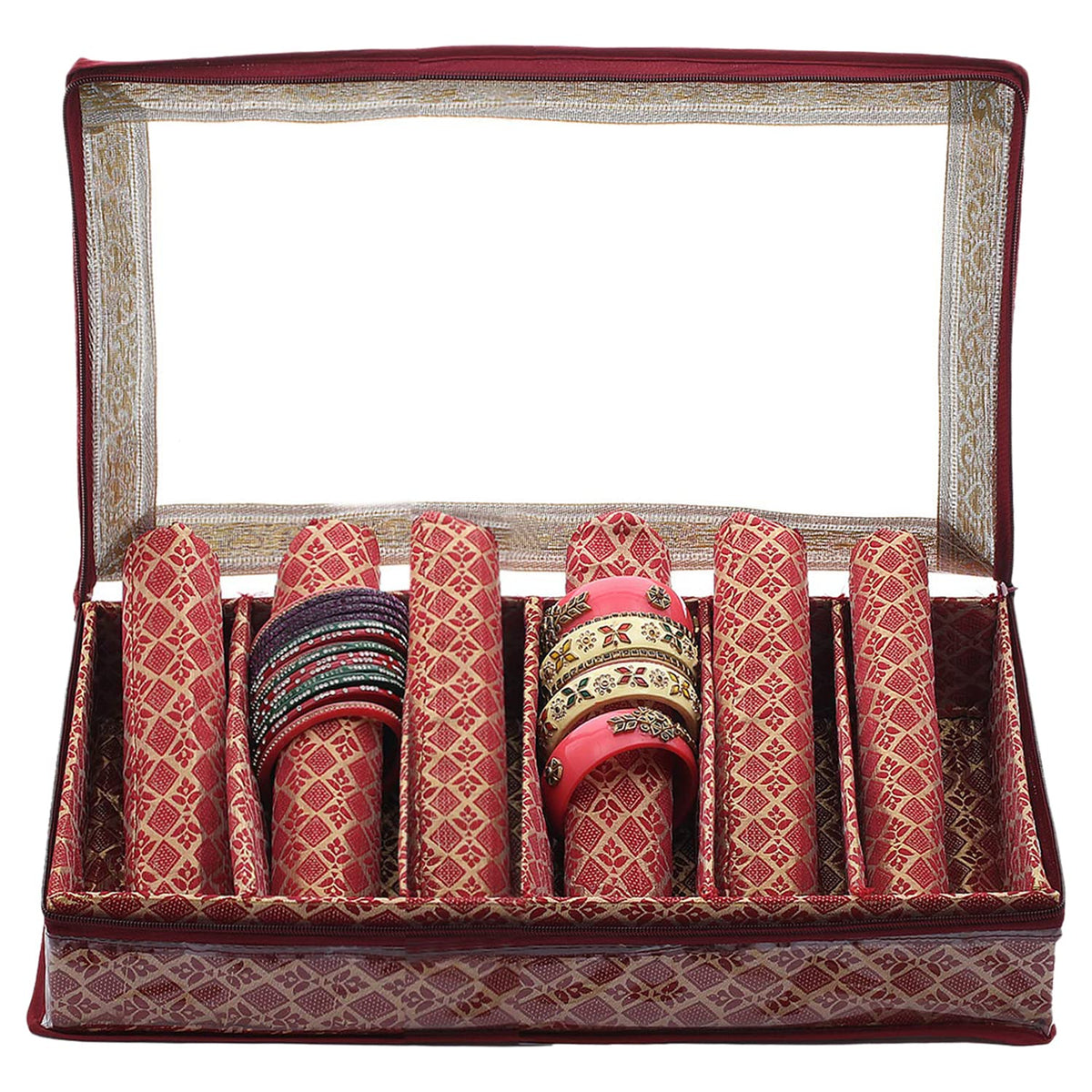 Heart Home Matka Pattern Laminated 6 Rod Box, Organizer For Bangle, Watches, Bracelets, Jewellery With Tranasparent Top (Maroon)-47HH0478