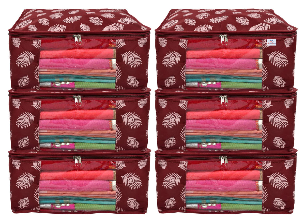 Heart Home Leaf Printed Saree Cover/Clothes Organiser For Wardrobe With Transparent Window, Pack of 6 (Maroon)