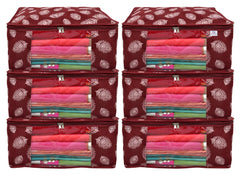 Heart Home Leaf Printed Saree Cover/Clothes Organiser For Wardrobe With Transparent Window, Pack of 6 (Maroon)