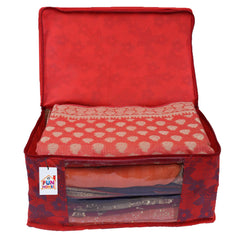Fun Homes Metalic Printed 6 Pieces Non Woven Fabric Saree Cover/Clothes Organiser for Wardrobe Set with Transparent Window, Extra Large (Red)