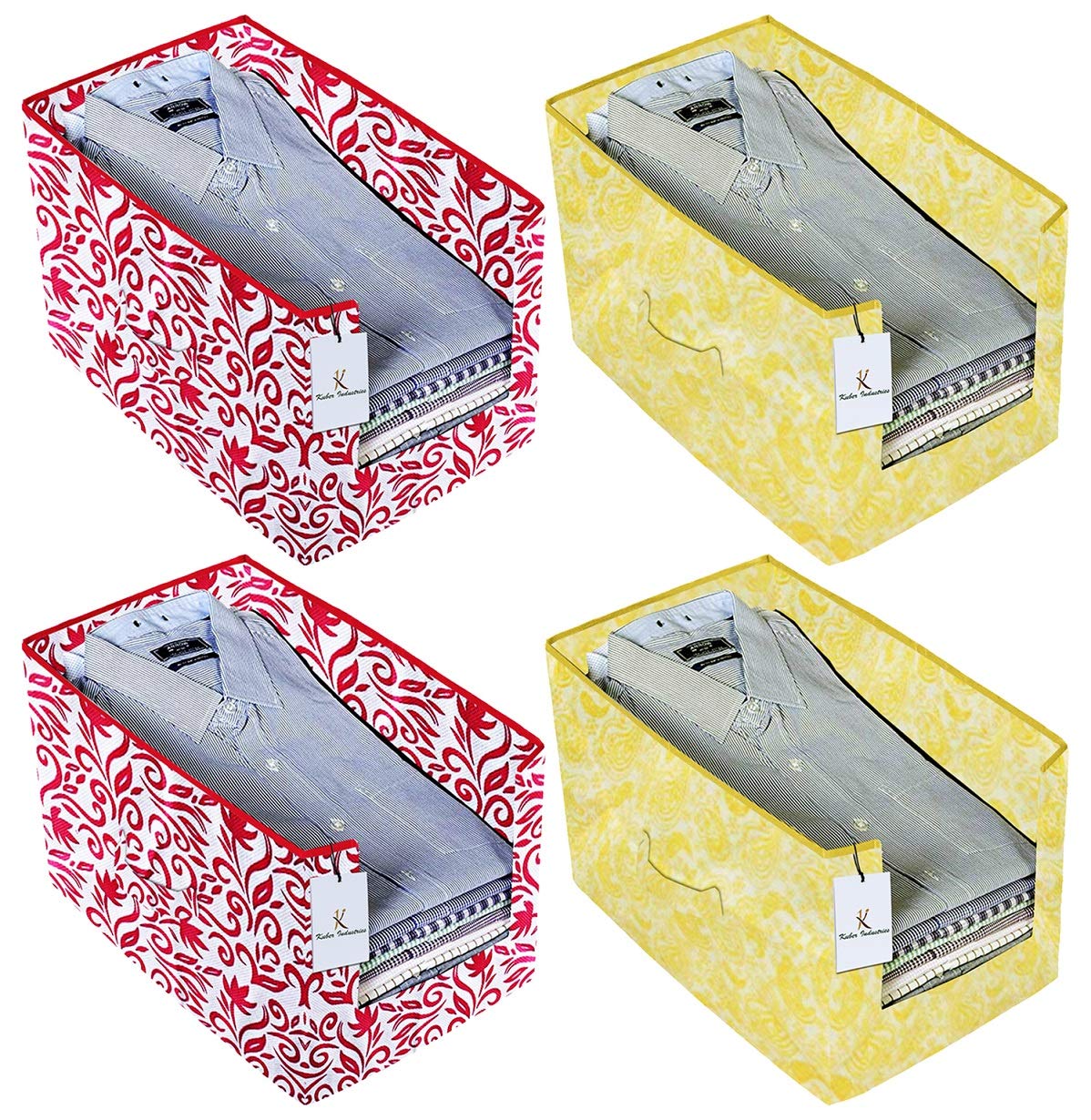 Kuber Industries Exclusive Leaf Printed 4 Piece Non Woven Shirt Stacker Wardrobe Organizer Set, (Pink & Gold) - CTGTC35077