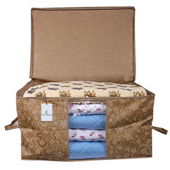 Kuber Industries Metalic Printed 2 Pieces Non Woven Fabric Underbed Storage Bag, Cloth Organiser, Blanket Cover with Transparent Window (Beige)-KUBMART2907