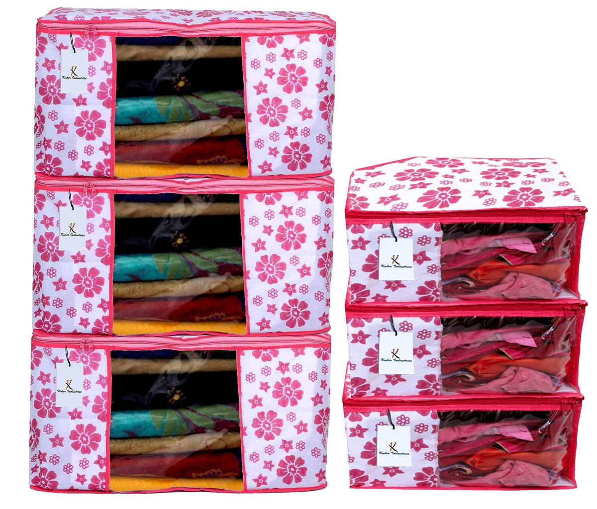 Kuber Industries Flower Design Non Woven 3 Piece Saree Cover/Cloth Wardrobe Organizer and 3 Pieces Blouse Cover Combo Set (Pink) -CTLTC38440