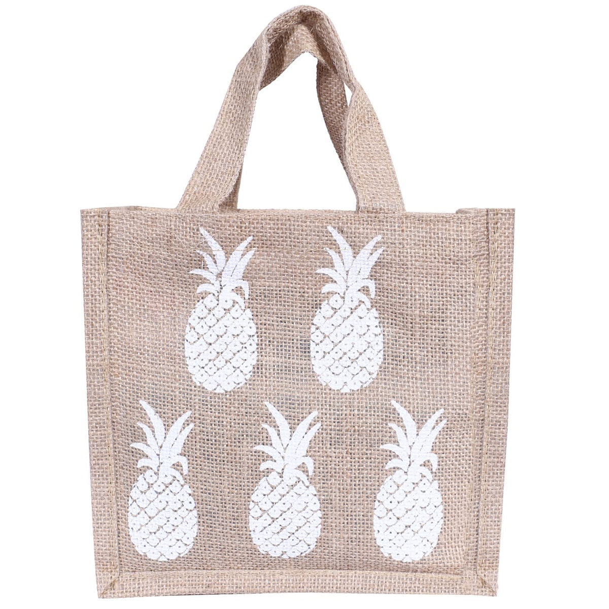 Kuber Industries Lunch Bag|Reusable Jute Fabric Tote Bag|Pineapple Print Tiffin Carry Hand Bag with Handle for Office,School,Gift (Brown)