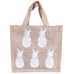 Kuber Industries Lunch Bag|Reusable Jute Fabric Tote Bag|Pineapple Print Tiffin Carry Hand Bag with Handle for Office,School,Gift (Brown)