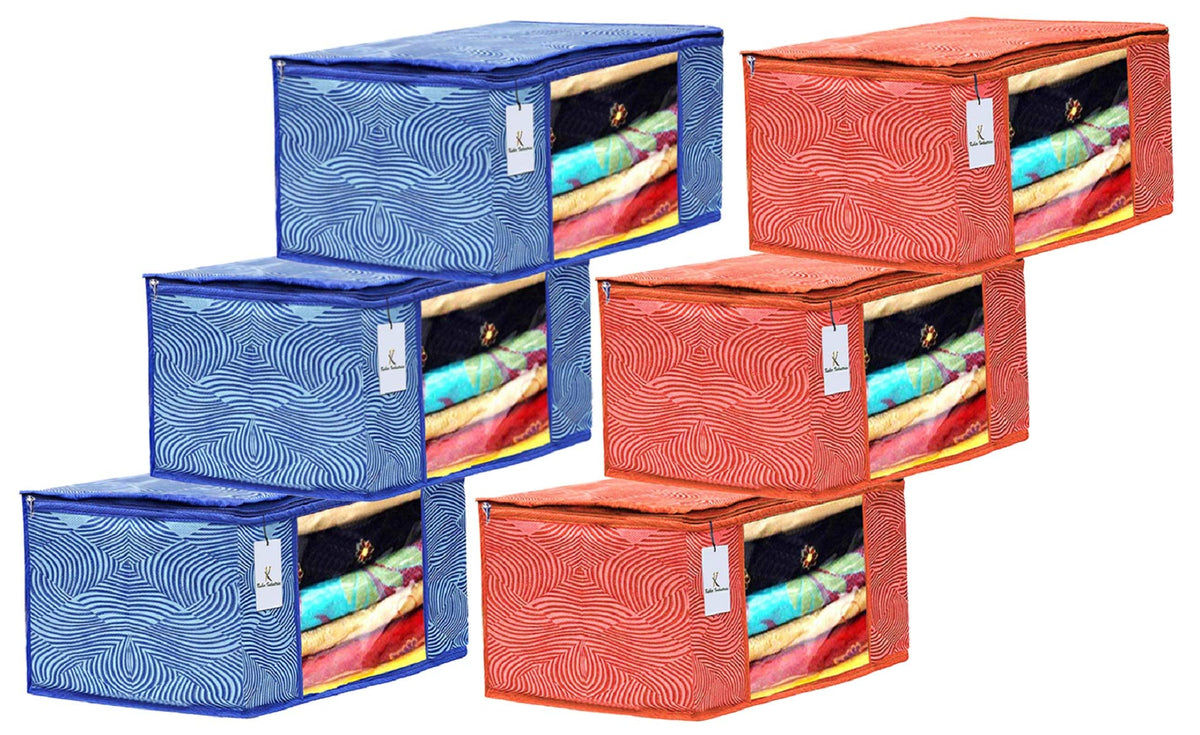 Kuber Industries Leheriya Printed 6 Piece Non Woven Fabric Saree Cover Set with Transparent Window, Extra Large, Orange & Blue -CTKTC40851