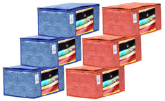 Kuber Industries Leheriya Printed 6 Piece Non Woven Fabric Saree Cover Set with Transparent Window, Extra Large, Orange & Blue -CTKTC40851