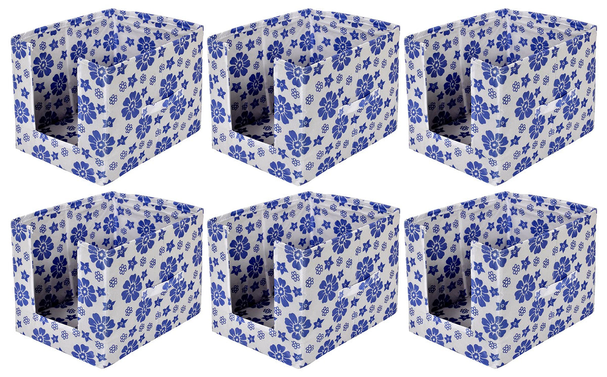 Kuber Industries Flower Printed Multiuses Non-Woven Closet Organizer With Handles- Pack of 6 (White & Blue) -HS43KUBMART26505
