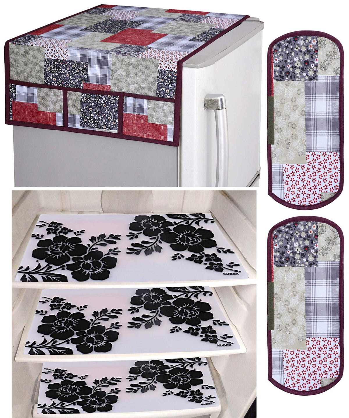 Kuber Industries Flower Design 3 Pieces PVC Fridge Mats, 2 Piece Handle Cover and 3D Checkered Design 1 Piece Fridge Top Cover (Maroon) - CTKTC039841