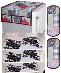 Kuber Industries Flower Design 3 Pieces PVC Fridge Mats, 2 Piece Handle Cover and 3D Checkered Design 1 Piece Fridge Top Cover (Maroon) - CTKTC039841