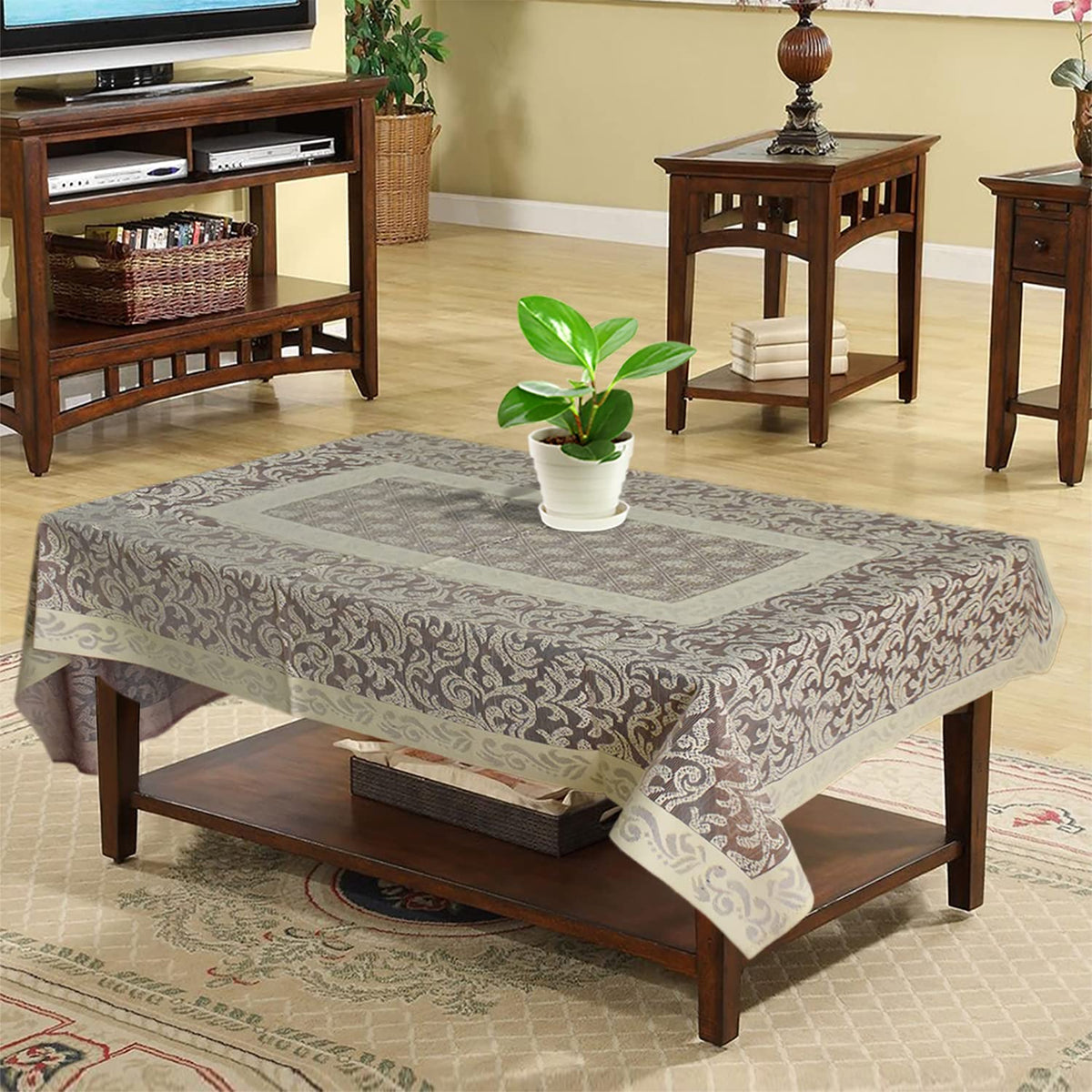 Heart Home Floral Printed Cotton 4 Seater Center Table Cover,40"x60" (Cream & Maroon)-44HH053