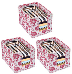Heart Home Flower Printed Non-Woven Foldable Shirt Stacker Closet Organizer With Handles- Pack of 3 (White & Pink)-HS43HEARTH26510