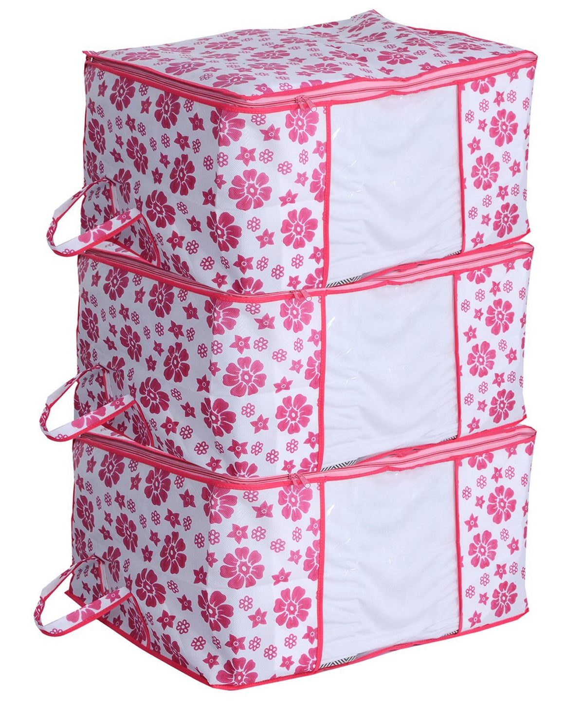 Kuber Industries Floral 3 Piece Non Woven Underbed Storage Organiser Set, Pink (Rbed27)