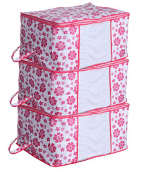 Kuber Industries Floral 3 Piece Non Woven Underbed Storage Organiser Set, Pink (Rbed27)
