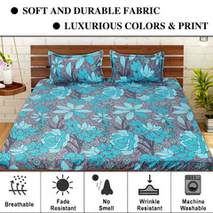 Kuber Industries Fitted Double Bedsheet|Flower Print Premium Glace Cotton Elastic Bedsheet with Two Pillow Covers,72 x 78 Inch(Green)
