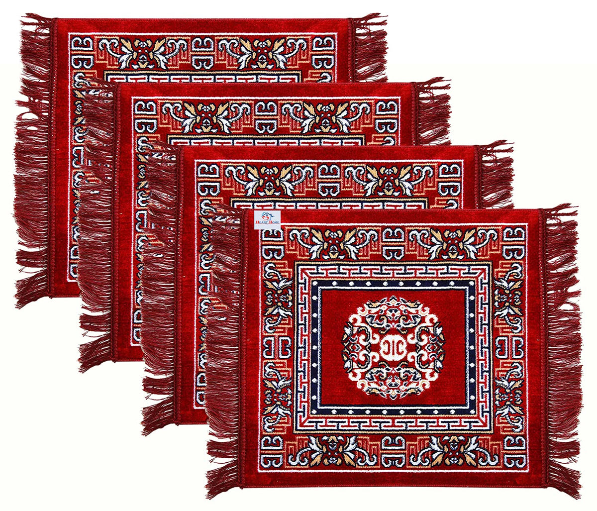 Heart Home Rangoli Design Velvet Square Pooja Mat/Aasan/Meditation Mat/Prayer Mat- Pack of 4 (Maroon)