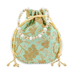 Heart Home Embroidery Drawstring Potli|Hand Purse With Gold Pearl Border & Handle For Woman,Girls (Green)
