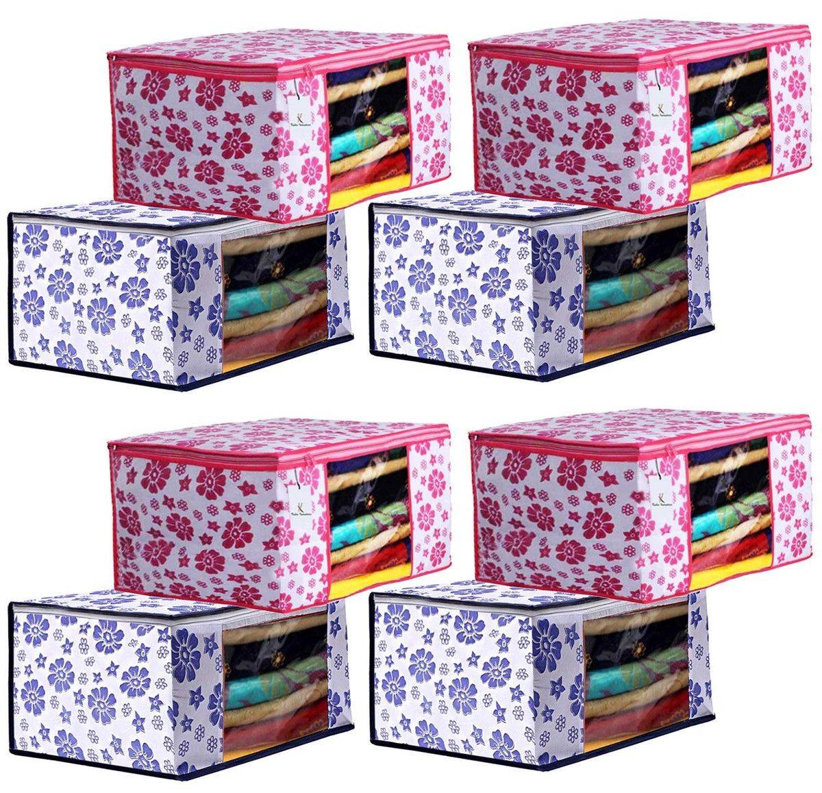 Kuber Industries Flower Design 8 Piece Non Woven Fabric Saree Cover Set with Transparent Window, Extra Large, Pink & Blue -CTKTC040903