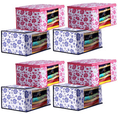 Kuber Industries Flower Design 8 Piece Non Woven Fabric Saree Cover Set with Transparent Window, Extra Large, Pink & Blue -CTKTC040903
