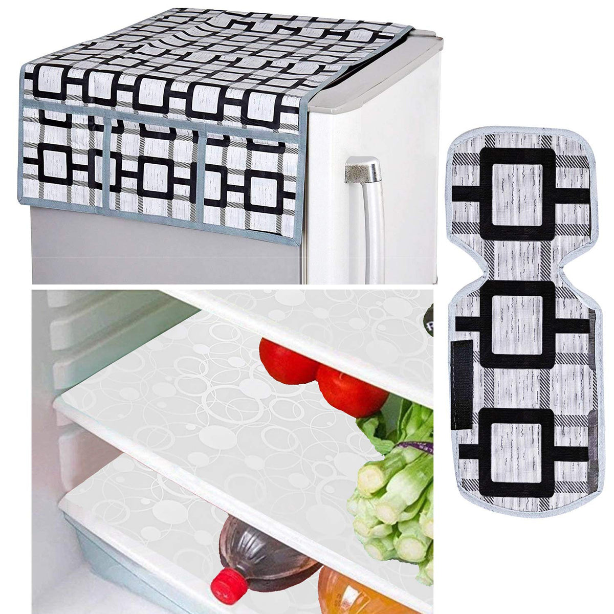 Kuber Industries Circle Design Combo of PVC 3 Pieces Fridge Mats, 1 Piece Handle Cover and 1 Piece Fridge Top Cover (Grey) - CTKTC22398, (Model: CTKTC022398)
